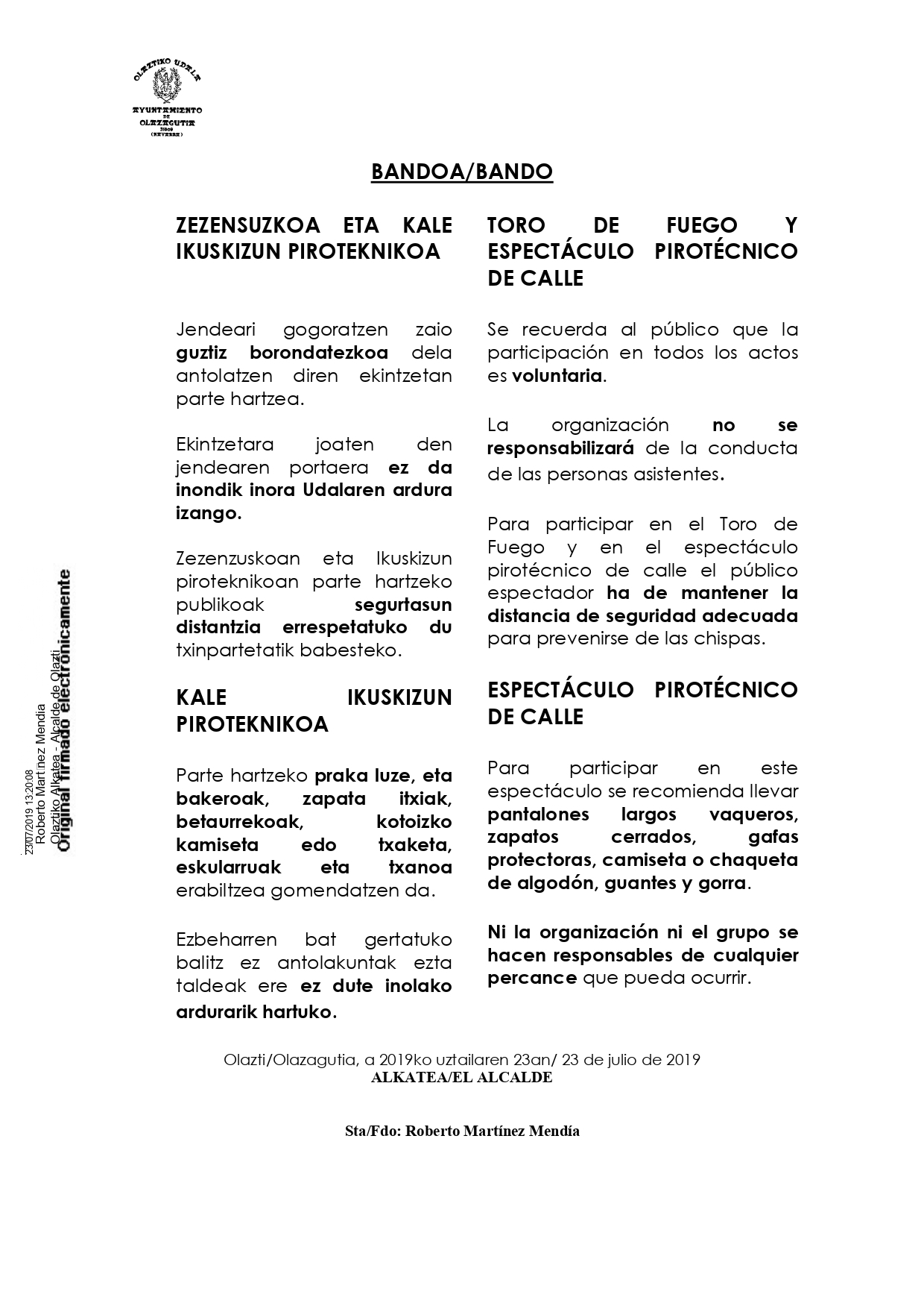 BANDO: TORO DE FUEGO Y ESPECTÁCULO PIROTÉCNICO DE CALLE