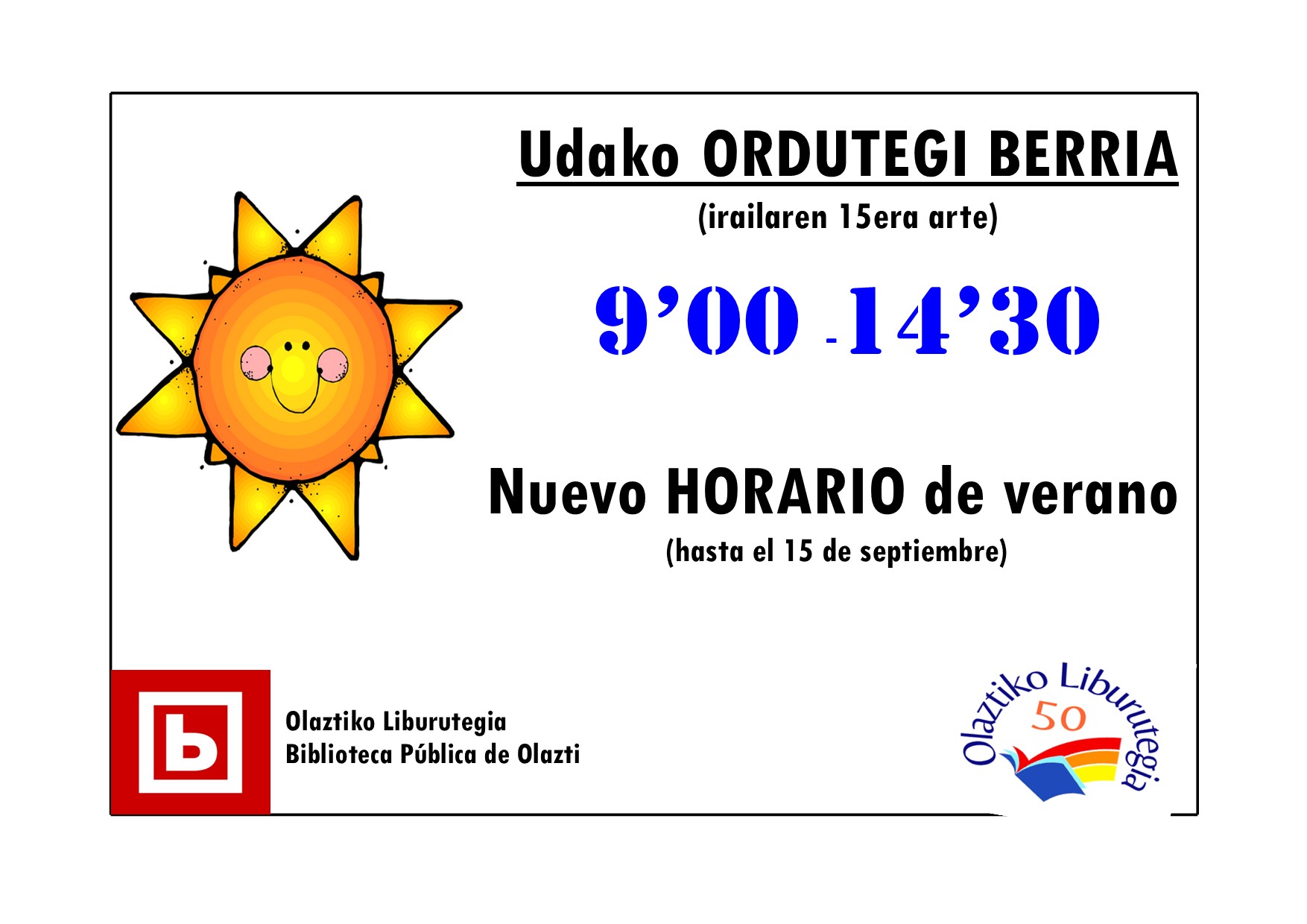 HORARIO DE VERANO EN LA BIBLIOTECA MUNICIPAL