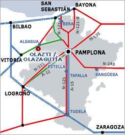 Mapa de Navarra en el cual destaca Olazti/Olazagutía