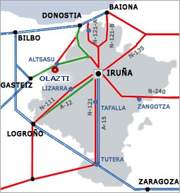 Nafarroako mapa non Olazti nabarmentzen den